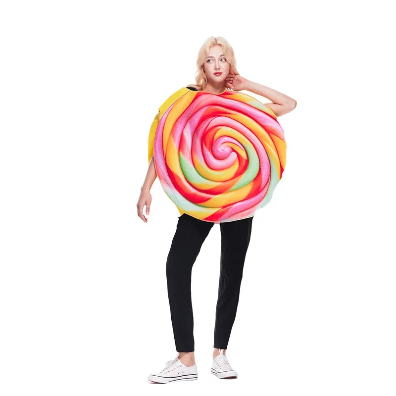 

Men and Women Lollipop Costume with Rainbow Candy Print, Fun Rainbow Candy Outfit for Adult Purim Carnival Christmas Party