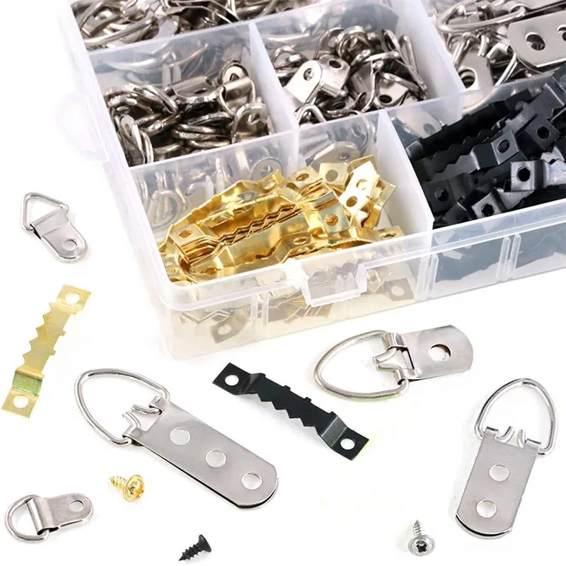 415Pcs Metal Picture Hooks, Double Hole D-Ring & Serrated Frame Hangers Black Gold with Screws
