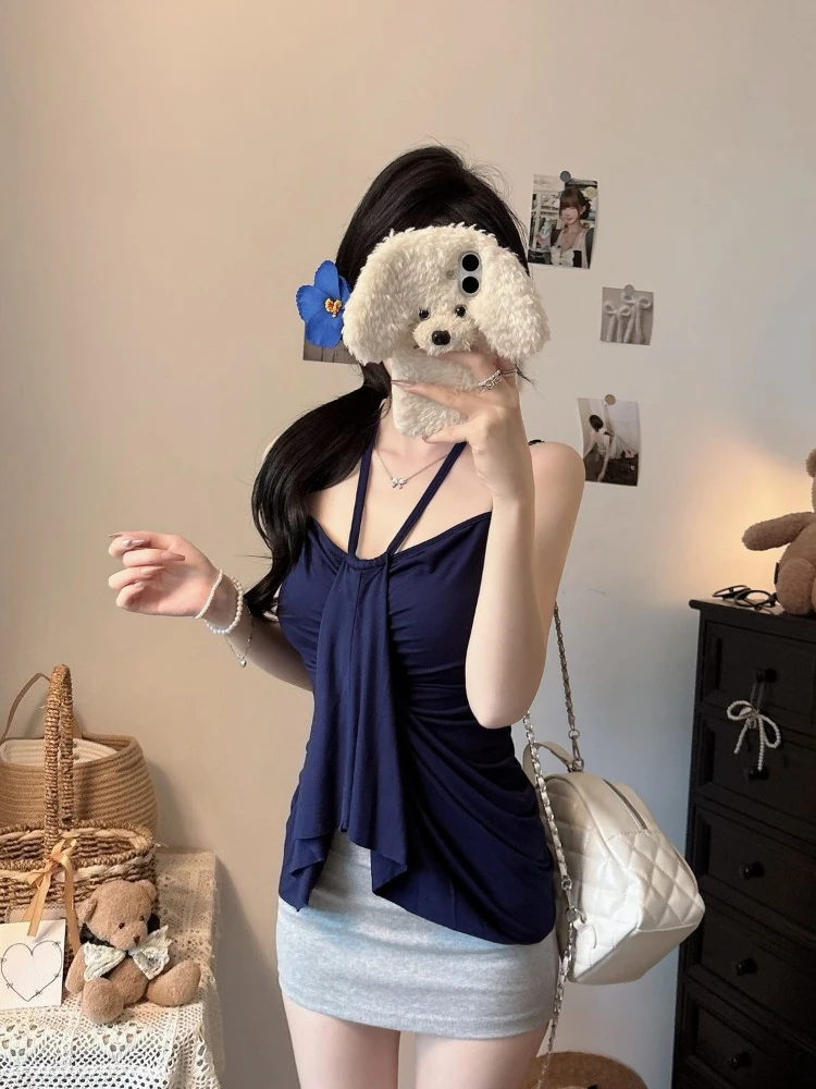 Fashionable Womens Sleeveless Asymmetric Vest Top Halter Neck Ruffle Hem Tummy Control Slimming Outfit for Party
