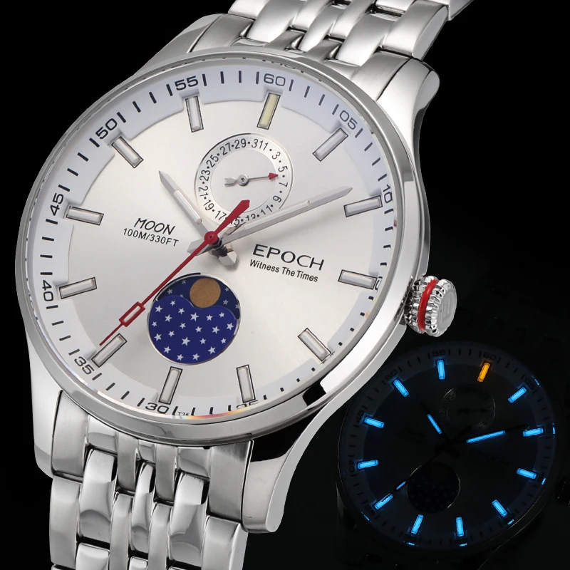 Imagem -02 - Epoch-relógio de Pulso Quartzo de Luxo Masculino Luminoso Impermeável Espelho Safira Moonphase Fashion 40 mm 100m