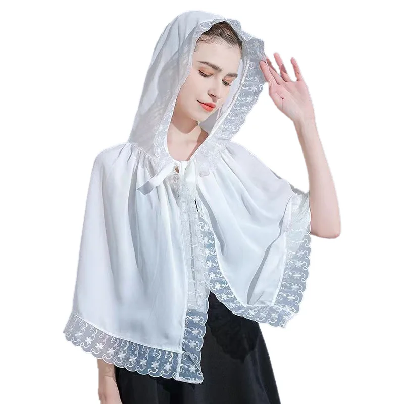 Summer Chiffon Cape With Hoodie Woman Lace Trim Sheer Shawl For Wedding Church Elegant Bridal Hooded Cloak Breathable Shawl