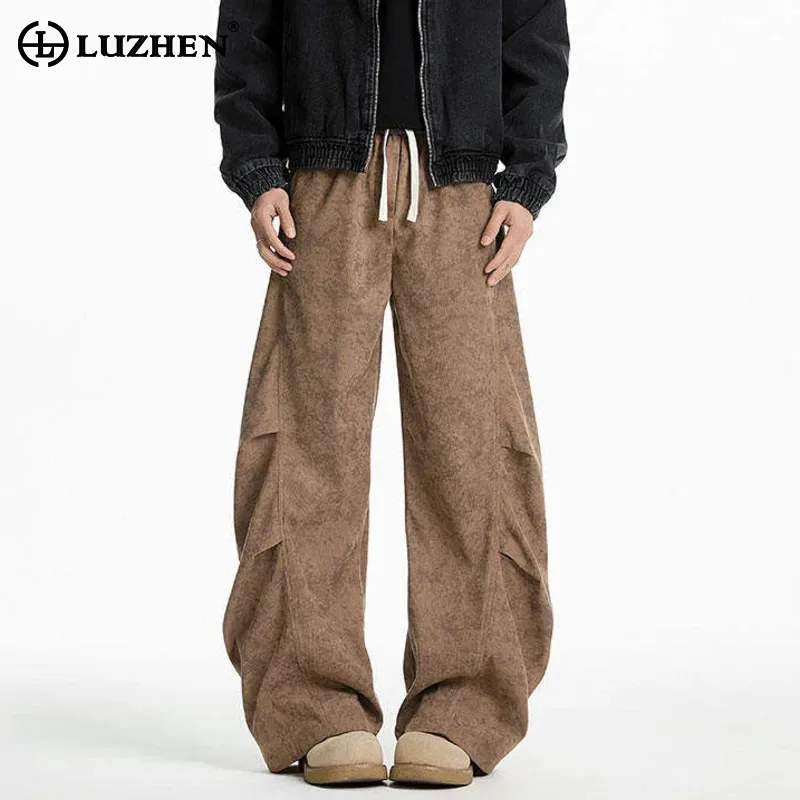 

LUZHEN Pants Leg Fashion Wide Camouflage Casual Printed Pleated Men's 2025 New Drawstring Elastic Waist Straight Trousers JY5572