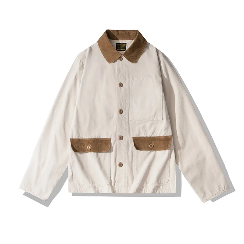 OKONKWO Color-Block Corduroy Collar Work Jacket Canvas Railway Worker Coat Men's Classic Workwear