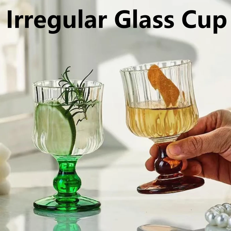 Irregular Wine Glass Vintage Low Leg Drink Coffee Cup Green Cocktail Fruit Glass for Home Ins Drink Mug Red Wine Ripple Cup