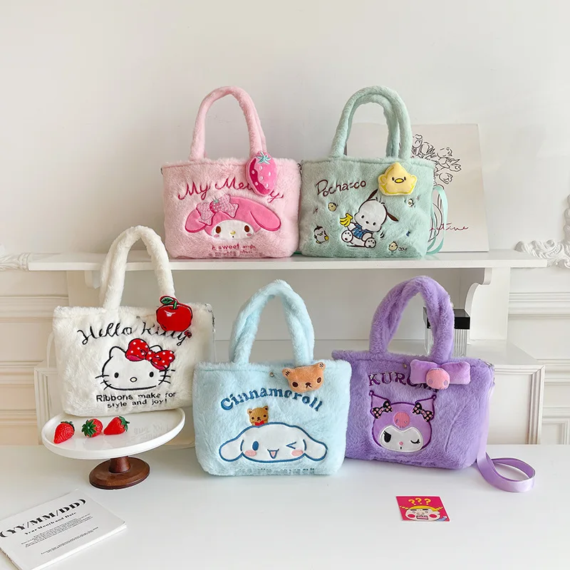 Sanrio Hello Kitty Kawaii Plush Bag Y2k Cinnamoroll Tote Handbag My Melody Plushie Storage Stuffed Toys Bags For Women Gifts