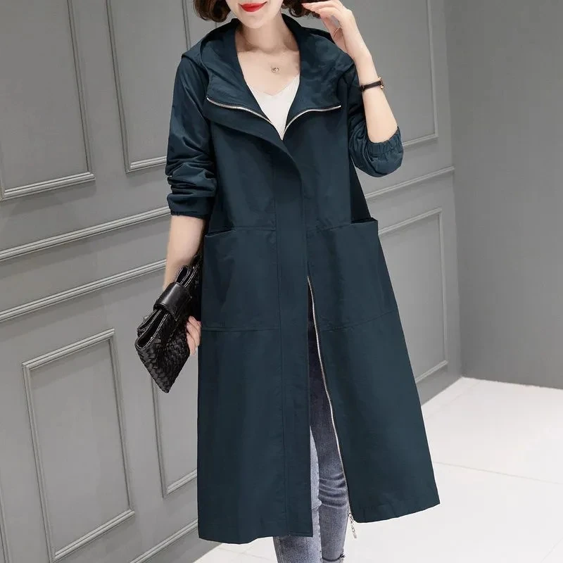 

Chic Windbreaker Coat Women's Overcoat Spring Autumn 2024 New Fashion Loose Long Hooded Leisure Trench Coat Outwear Casaco