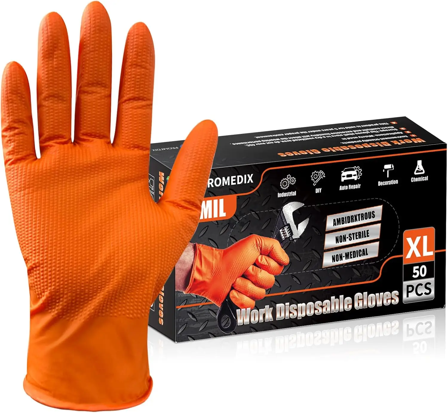 Guantes Desechables de Nitrilo de Alta Resistencia de 8 Mil, Color Naranja, Textura de Diamante en Relieve, Guantes de Trabajo Industriales