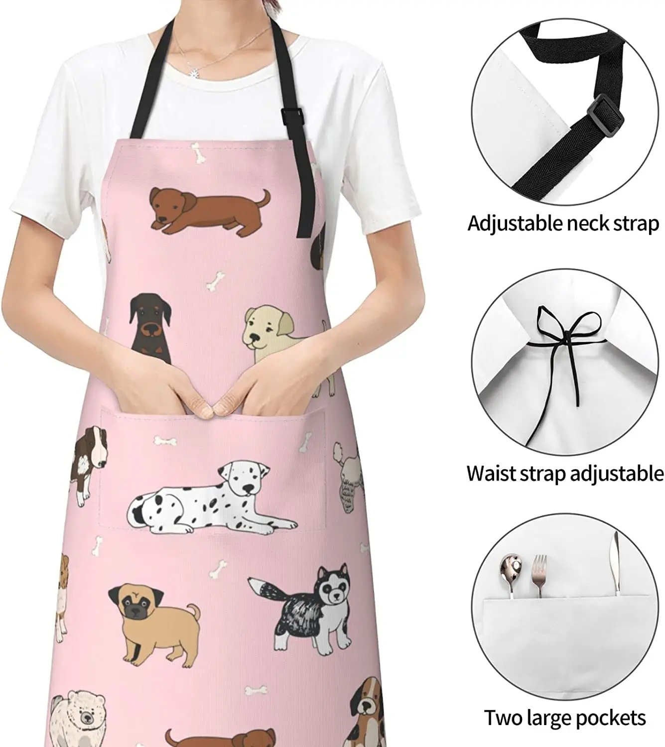 Cute Dogs Animals Waterproof Apron with 2 Pockets Cartoon Pets Kitchen Chef Aprons Bibs for Cooking Baking Painting Gardening