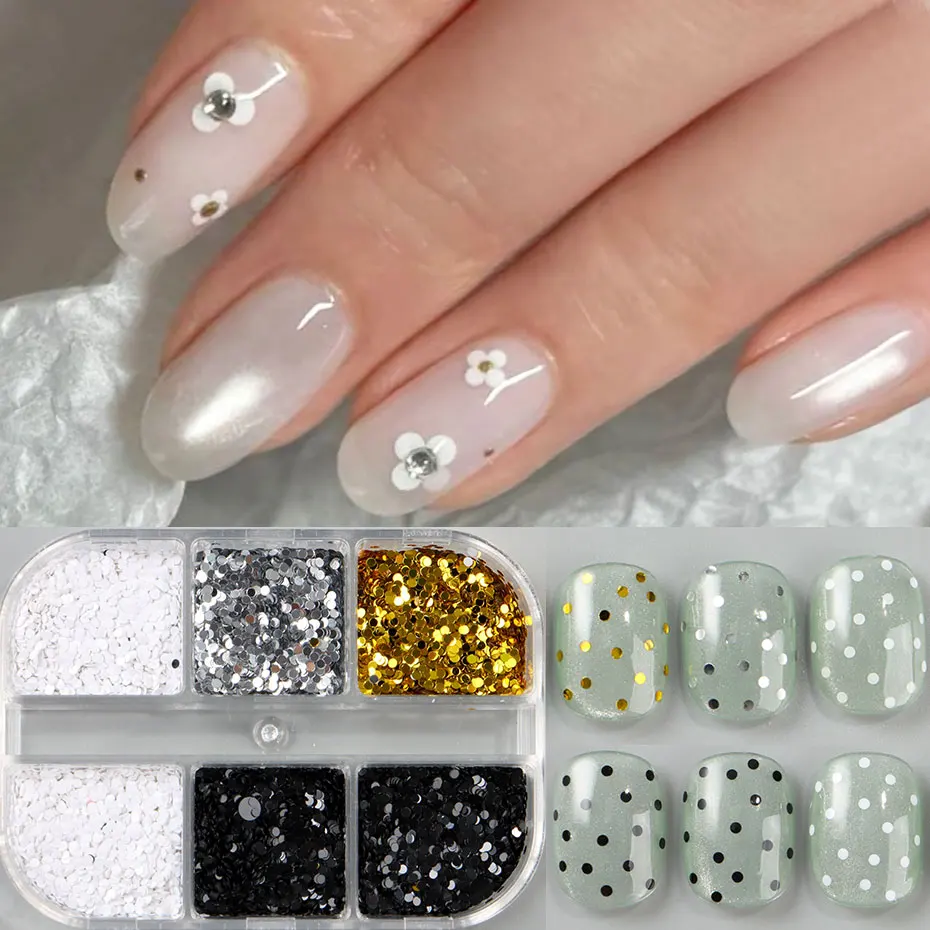 1 กล่อง 6 กริด 3D มินิรอบเล็บเลื่อม Kawaii เกาหลี Black Dot Nail Art Flake Y2K Golden Silvery Shinny Charms อุปกรณ์เสริม