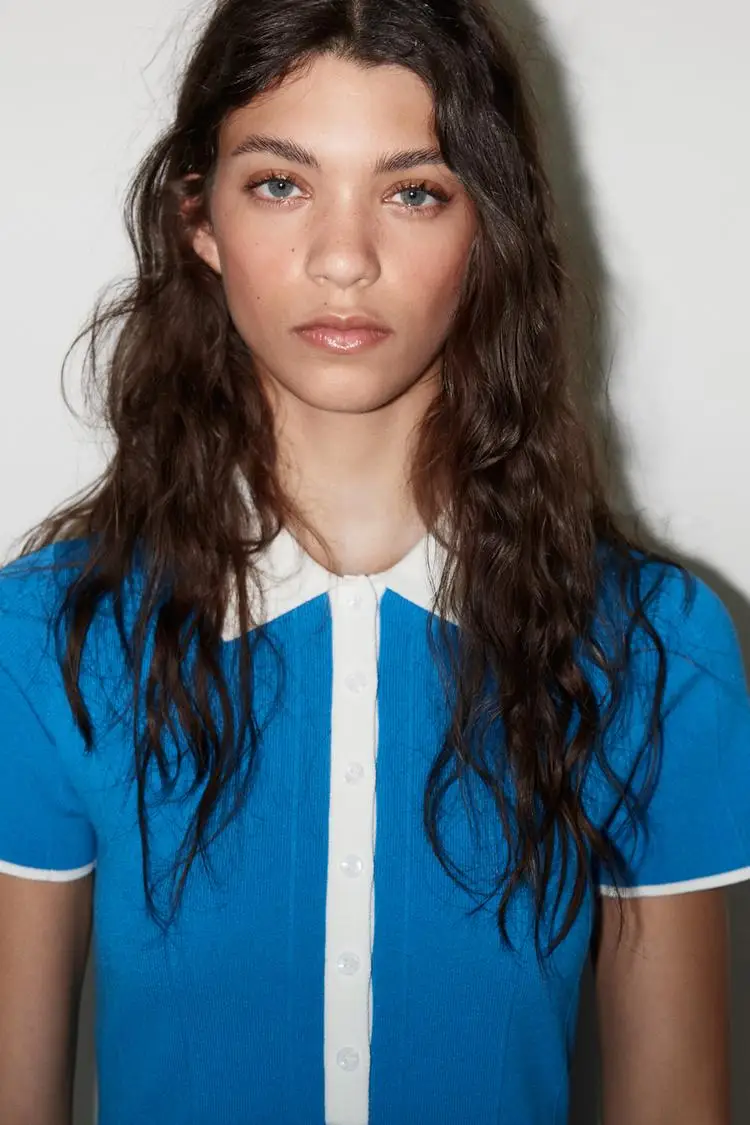 Yy26145 za25 verão novo charme feminino malha contraste camisa flip colarinho manga curta mini vestido linha a 4938014