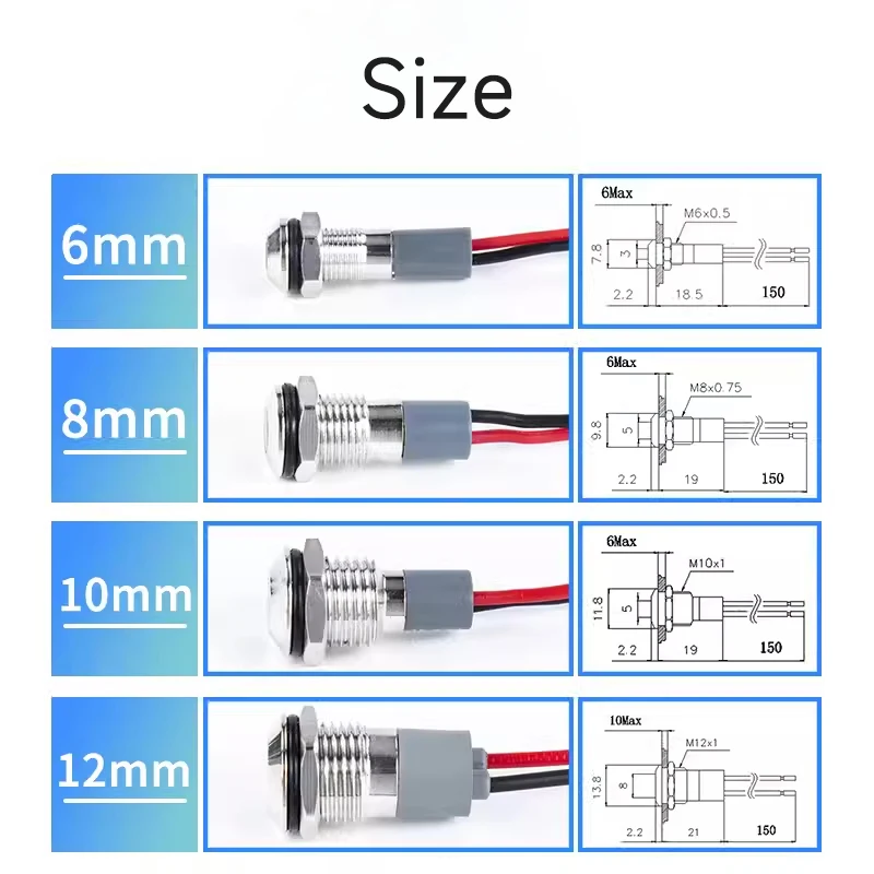 5pcs 6/8/10/12mm LED Metal Indicator light waterproof Signal lamp 3v 6V 12V 24V 220v with wire red yellow blue green white