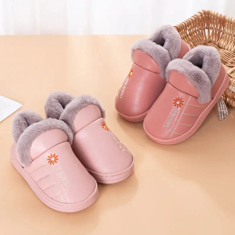 Home Children Cotton Slippers PU Leather Waterproof Winter Warm Shoes Cotton Shoes Kids Shoe for Girl Anti Slip Tenis De Mujer