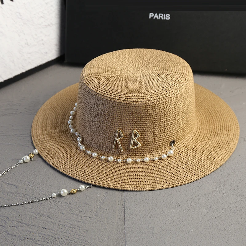 Neue Frauen Sommer Hüte Stroh Sonnenhut Panama Elegante Stroh Fedoras Dame Mädchen Outdoor Urlaub mit Perle Kette Sonnenschirm Strand Hut