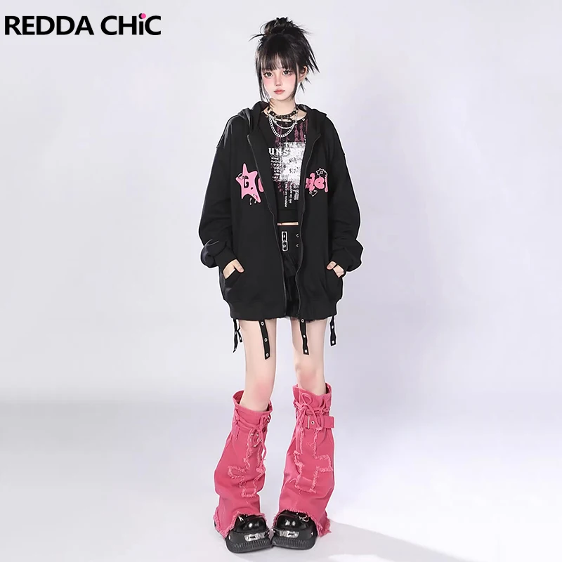 

REDDACHiC Aesthetic Pink Cross Women Leg Warmers Ribbon Belt Boots Cover Stitch Raw Edge Denim Knee Long Socks Y2k Retro Clothes