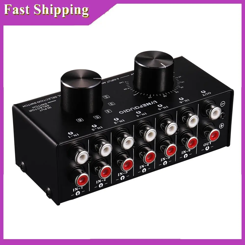 ABRI-6 Input 1 Output Switcher Audio Source Selection Switcher RCA Audio Input Signal Selector Switch With Volume Adjustment And