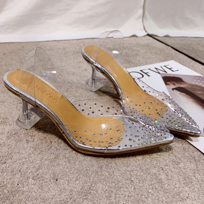 Sandalias de tacón de aguja con cabeza de moño a la moda para mujer, novedad de verano, cabeza puntiaguda, boca poco profunda, brillo, antideslizantes, tacones altos resistentes al desgaste