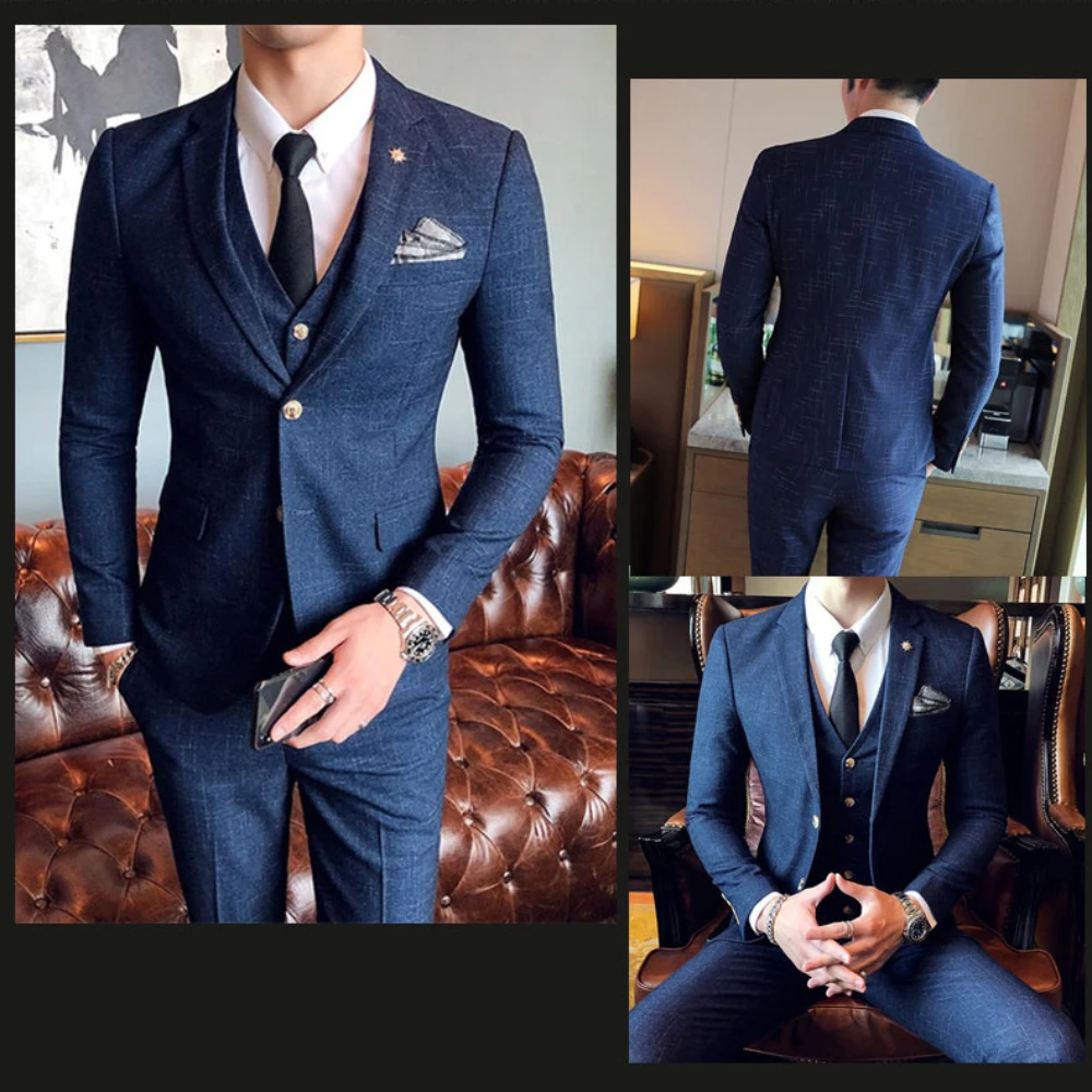 High End Men's Formal Business Suit Three-piece Set Solid Color Single Breasted Groom Wedding Dress  ( Blazer + Vest + Pants )