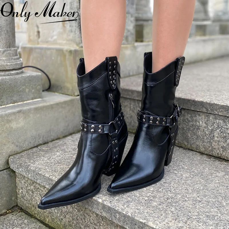 

Onlymaker Women Pointed Toe Ankle High Boots Metal Decoration Zipper Belt Buckle Black Chunky Low Heels Big Size Booties