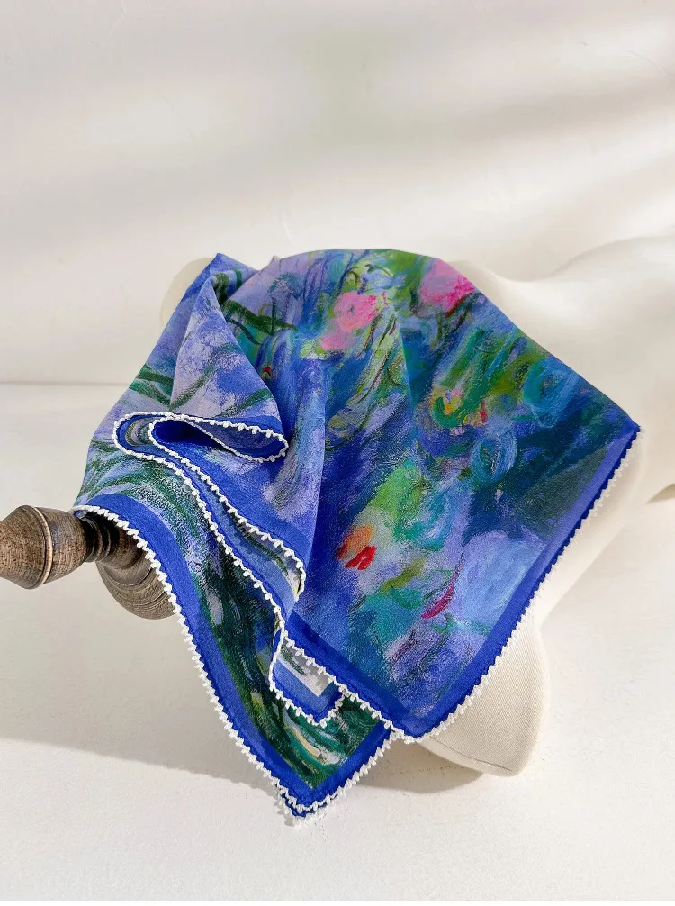 100% silk scarves woman handkerchief Spain style blue oil painting print square scarf pure silk bandanna woman accesories