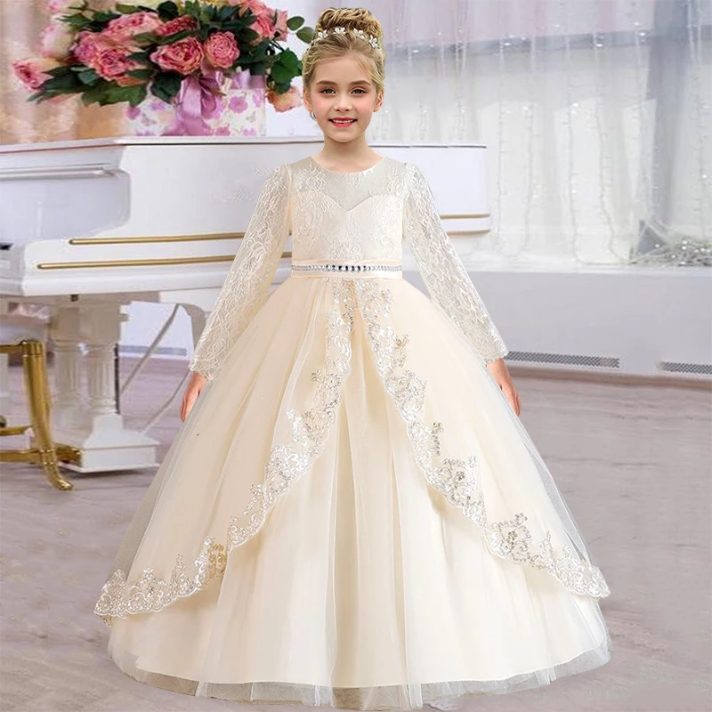 Girls\' New Long Sleeve Sequin Lace Long Dress Birthday Graduation Party Girls\' Wedding Dress Prom Evening Dress 4-12 Years Old