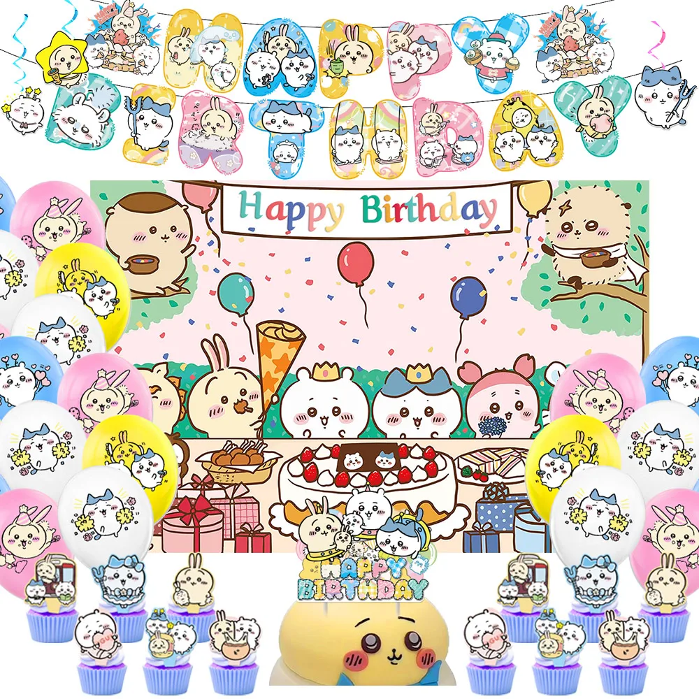 

Kawaii Chiikawaing Girl's Birthday Party Disposable Banner Background Cloth Cake Set Hanging Flag Balloon Birthday Decoration