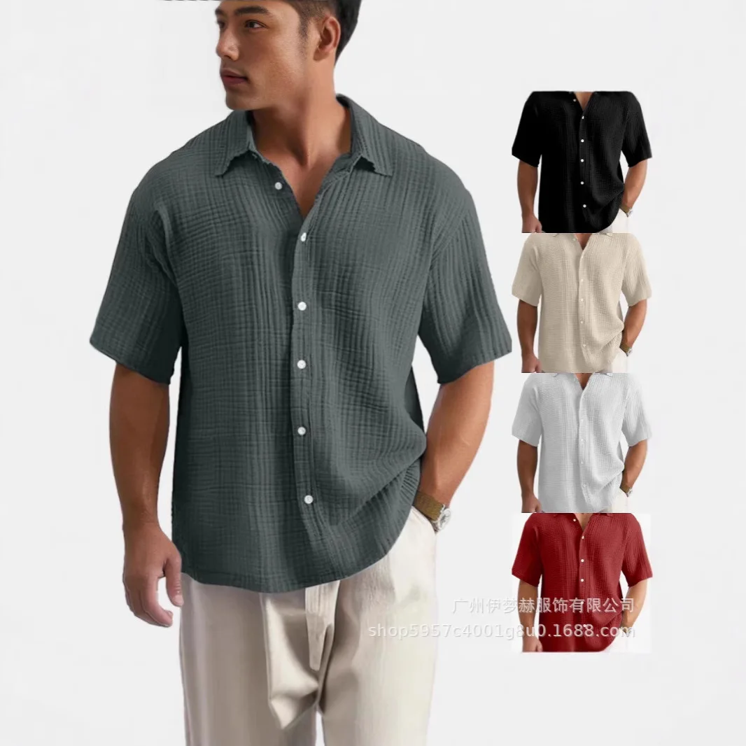 

Мужские повседневные рубашки с коротким рукавом, однотонные летние мужские рубашки, мужские винтажные топы с отложным воротником