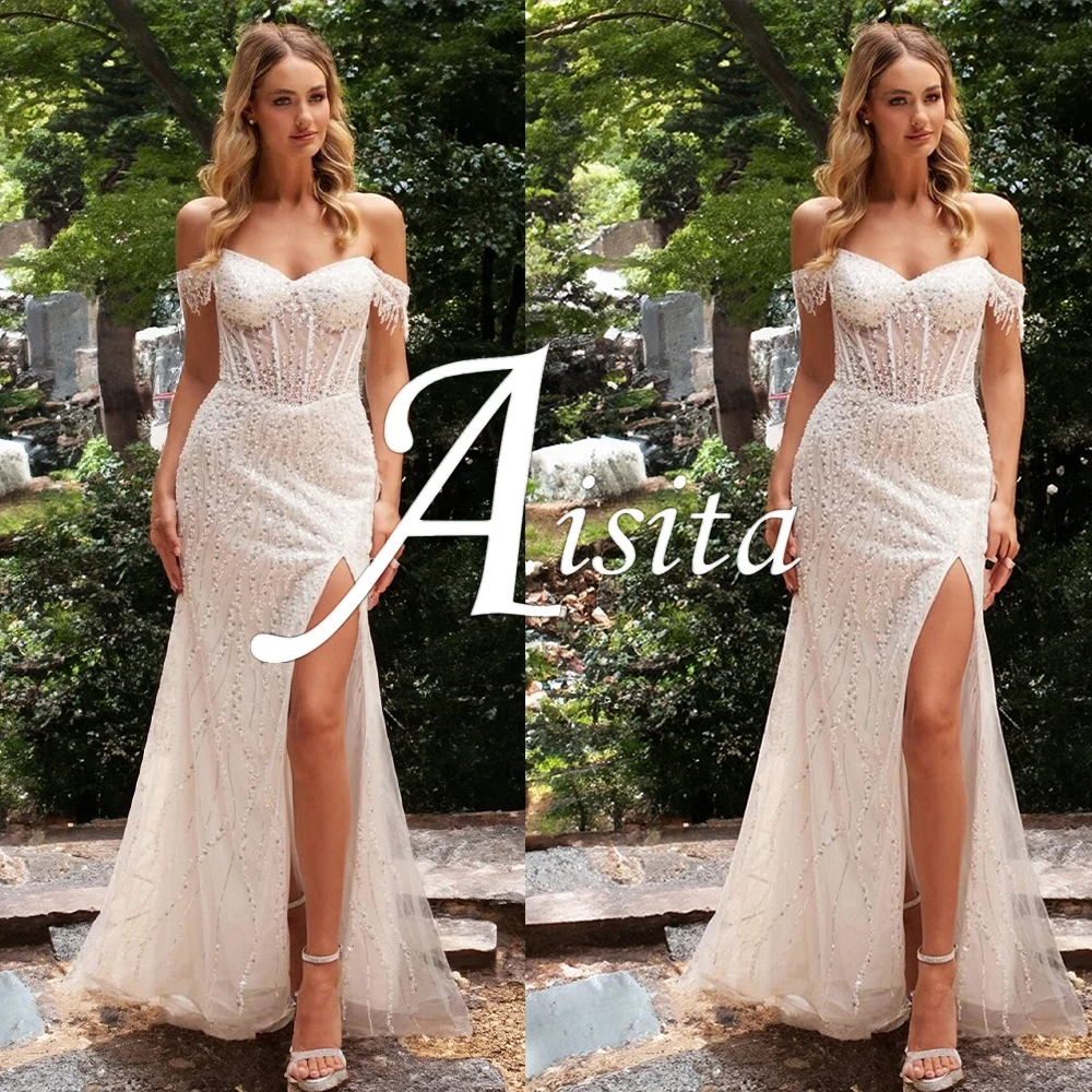 Sprinkled Sequin Lace Wedding Dress Romantic Off the Shoulder Bridal Gown Side Slit A-Line Sleeveless Bride Gown Robe De Mariée