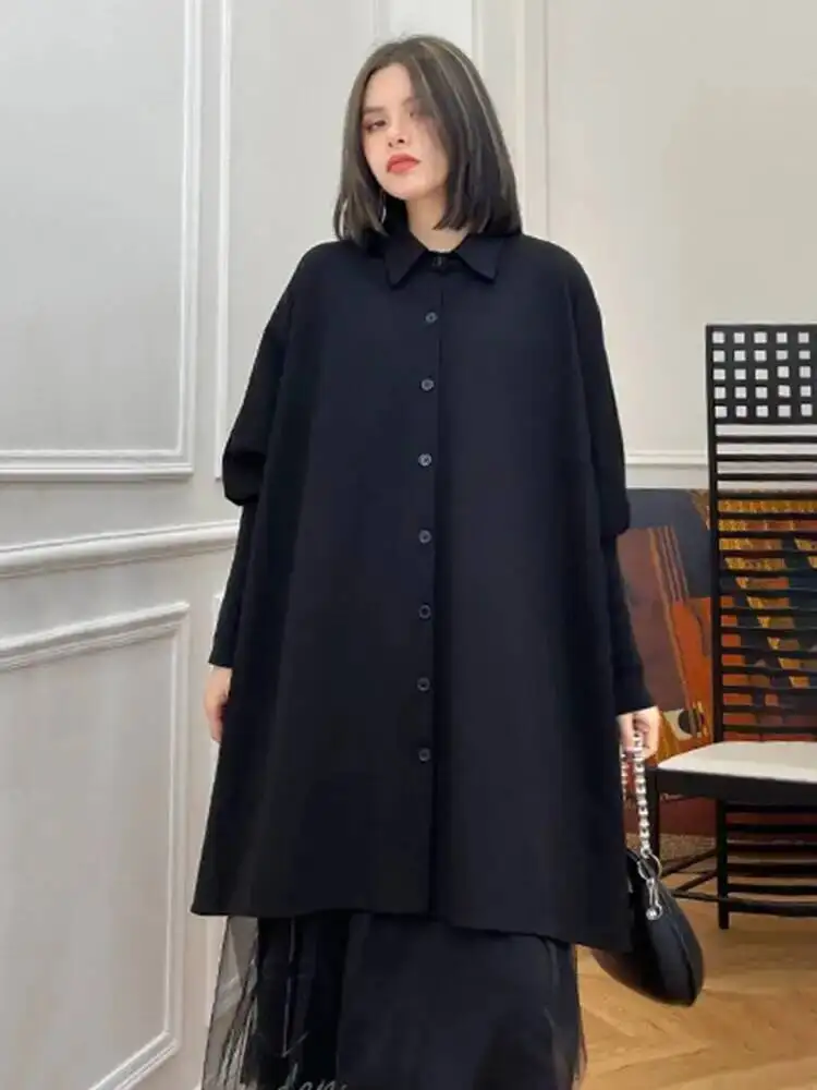 

Women Black Irregular Big Size Long Blouse New Lapel Long Sleeve Loose Fit Shirt Fashion Tide Spring Autumn