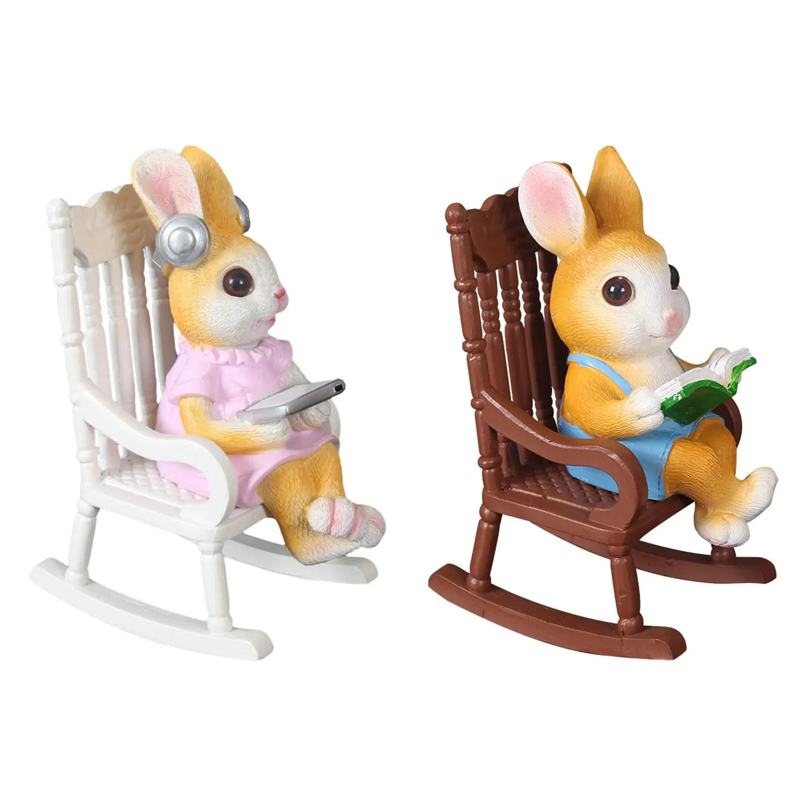 Resin Rabbit Figurine Sitting on Rocking Chair Garden Statue for Patio Yard Lawn Balcony Micro Landscape Desktop Craft Ornament