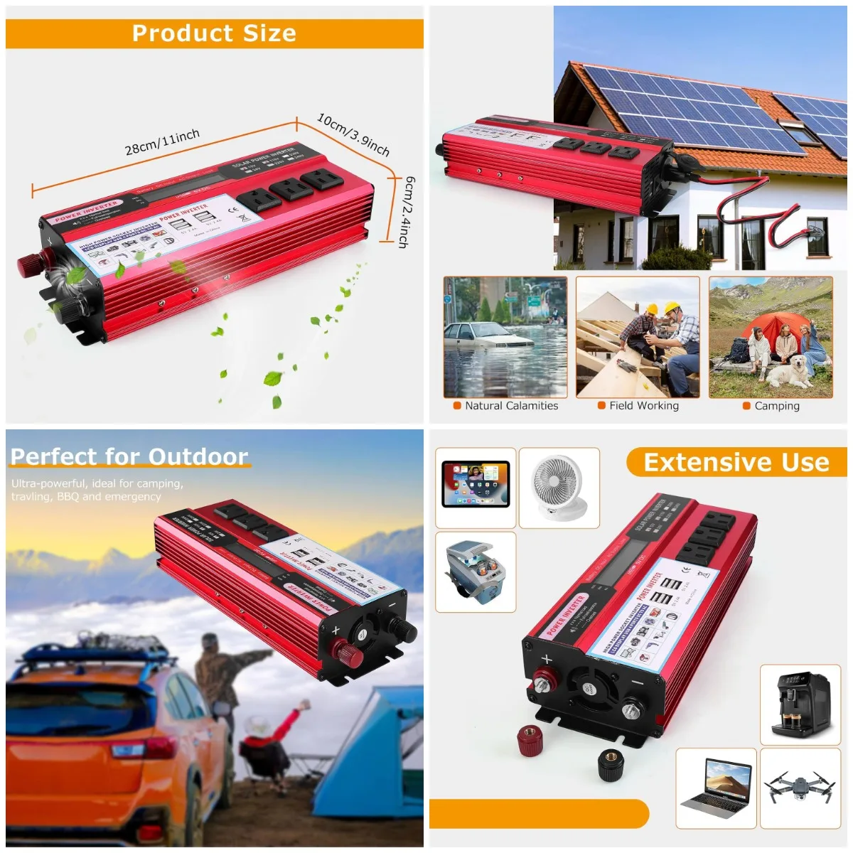 

2000W Solar Inverter 12V DC to 120V AC, 3 AC Outlets, 2 USB, LCD Display for RV, Home, Off-Grid
