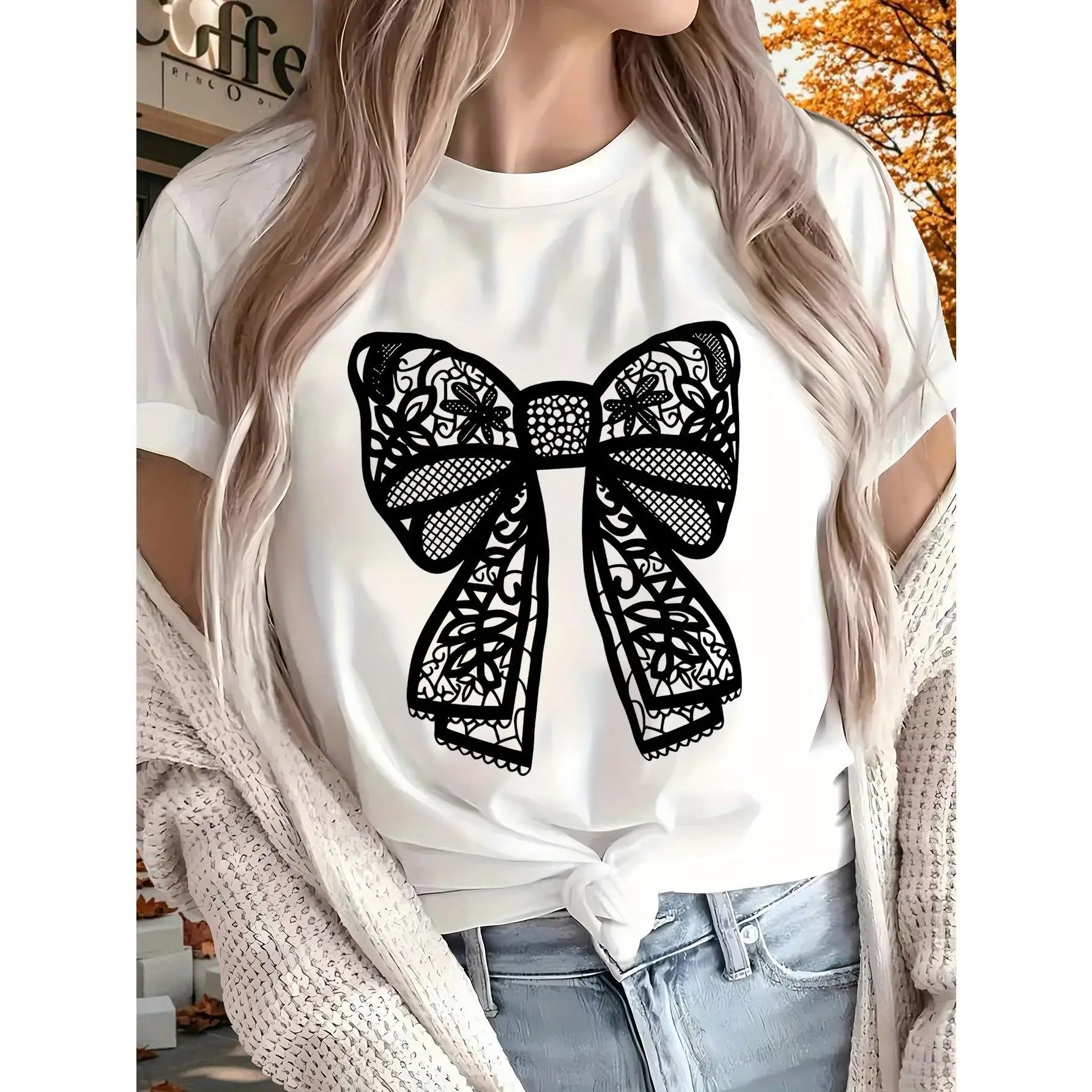 

Vintage Lace Bow T Shirt Women Aesthetic Black Ribbon Graphic Tee Sweet Grunge Retro Style Loose Fit Casual Fashion Top