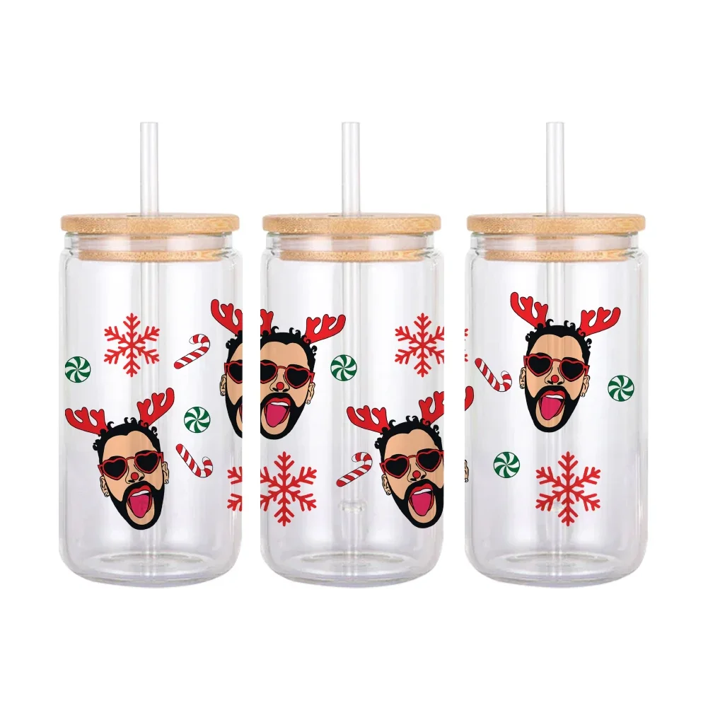 Christmas Theme Bad Bunny Waterproof Decal UV DTF Cup Wrap 16oz Libbey Glass Permanent Adhesive Ready To Apply No Heat Needed