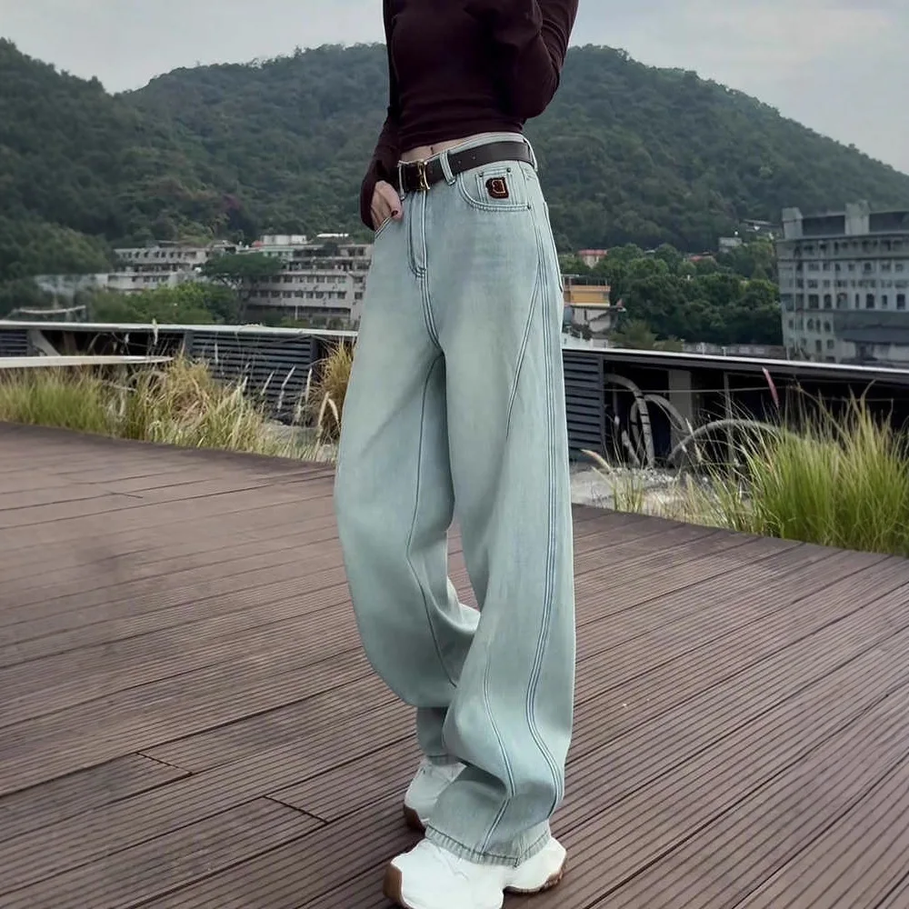 Spring Autumn Light Blue Denim Pants Women's Loose Wide Leg Pants High Waist Bowed Knife Jeans plus Size Slimming Trousers