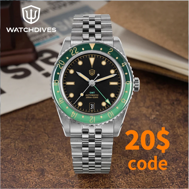 

Watchdives WD6542 Watch NH34 Mechanical Movement Bubble Domed Sapphire Crystal BGW9 Luminous 10Bar Waterproof 38mm GMT Watches