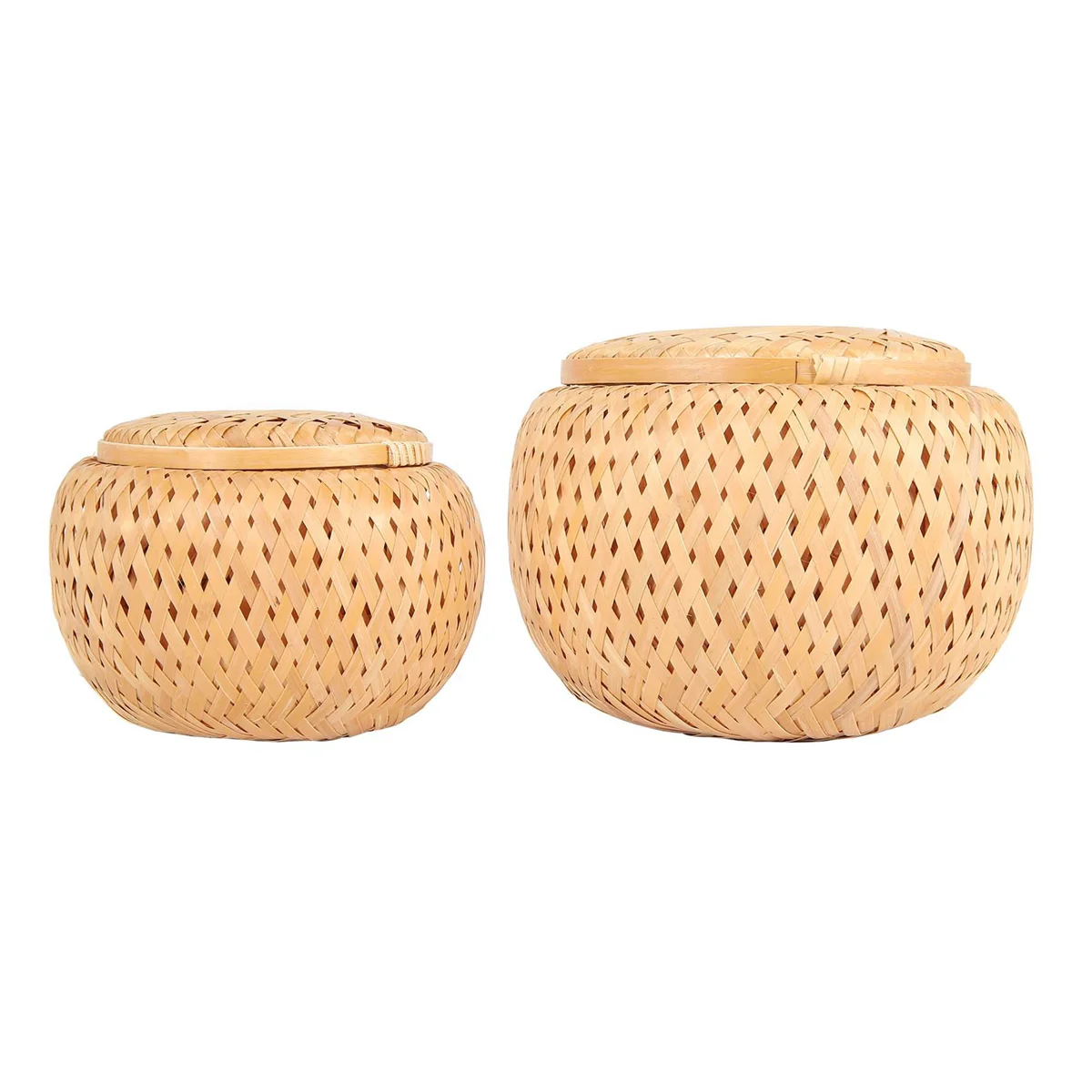 

2 Small Decorative Bamboo Baskets with Lid for Storing Small Items Handmade and Braided Bamboo Storage