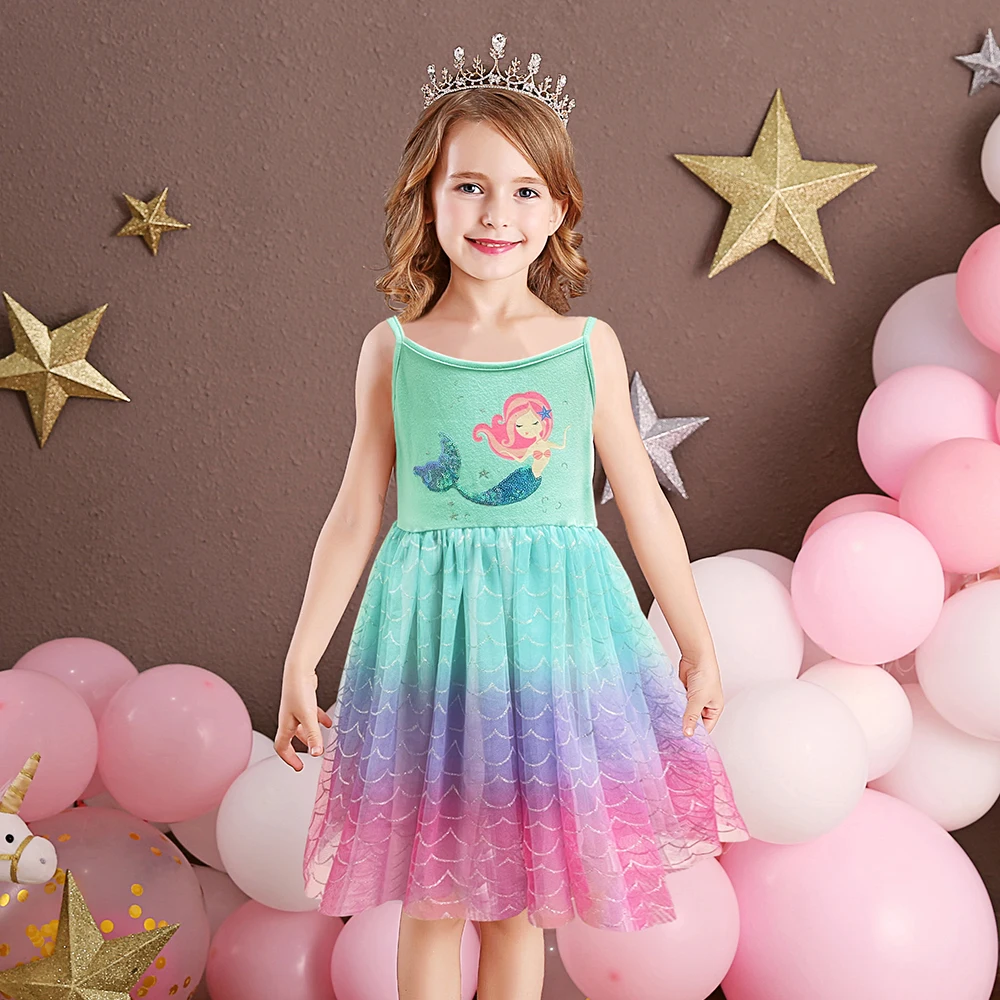 VIKITA Girls Mermaid Cartoon Print Dress Girls Sling Suspender Dresses Kids Gradient Party Casual Elegant Fashion Princess Dress