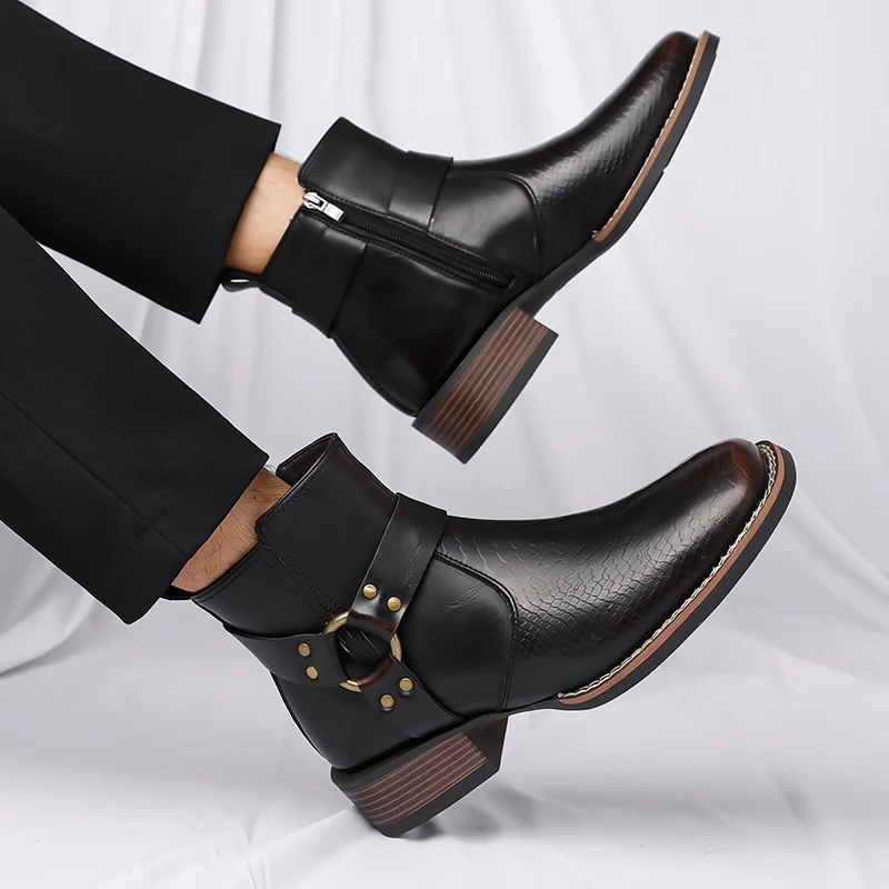Retro Men's Boots Classic Brown Western Cowboy Boots Side Zipper Men's Ankle Boots Quality Leather High Top Booties Botas Hombre
