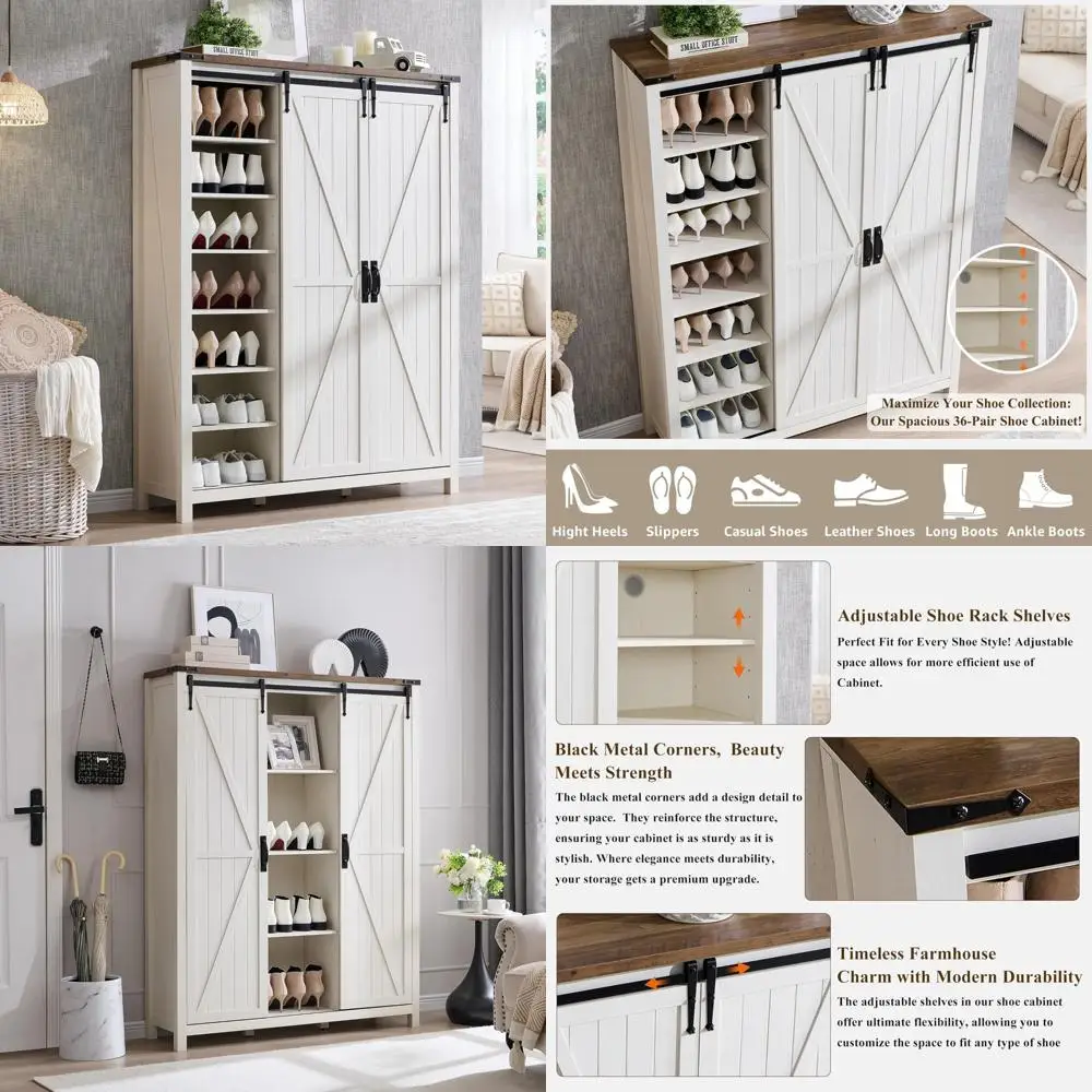 7-Tier 62" Tall Farmhouse Style Shoe Storage Cabinet with Sliding Doors and Rustic Hidden Rack for Entryway