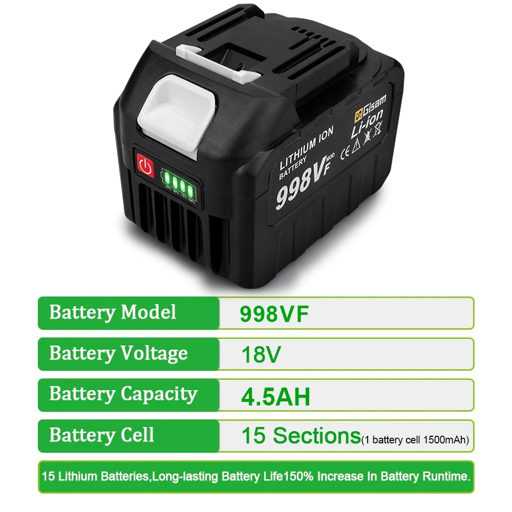 Gisam Wiederaufladbare Batterie 4,5Ah 4,0Ah 2,0Ah Lithium-Ionen-Akku 198VF 398VF 928VF Li-Ion-Akku für Makita 18V Akku-Pin – Detail 8