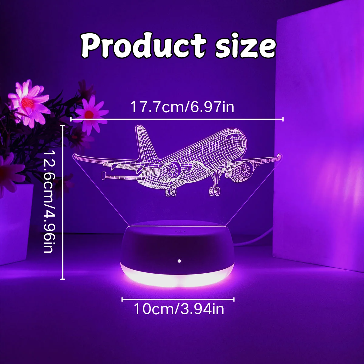 1 قطعة ضوء ليلي ثلاثي الأبعاد للطائرة، مصدر طاقة USB، قاعدة مضيئة، مناسبة لغرفة النوم وغرفة المعيشة، مفتاح لمس، سبعة ألوان.