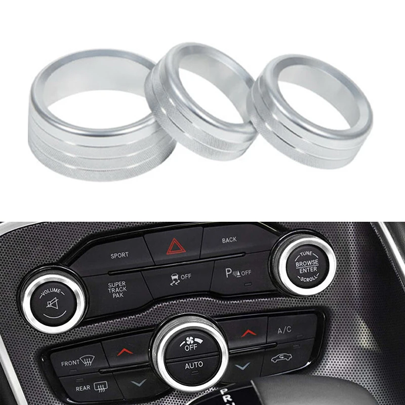 

Silver Car Air Conditioning Knob Audio Button Switch Decoration 3PCS Cover Ring For Dodge Challenger 15-20 Interior Accessories