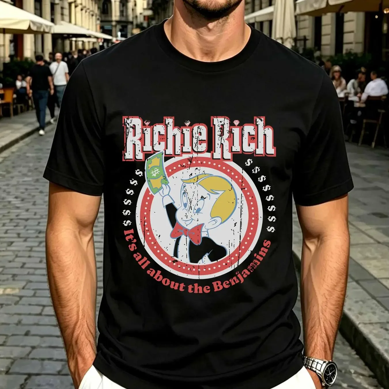 washed T Shirt Richie Rich Benjamins UV 1 RR002 H61 7 long or short sleeves vintage Washed Stylish Versatile streetwear