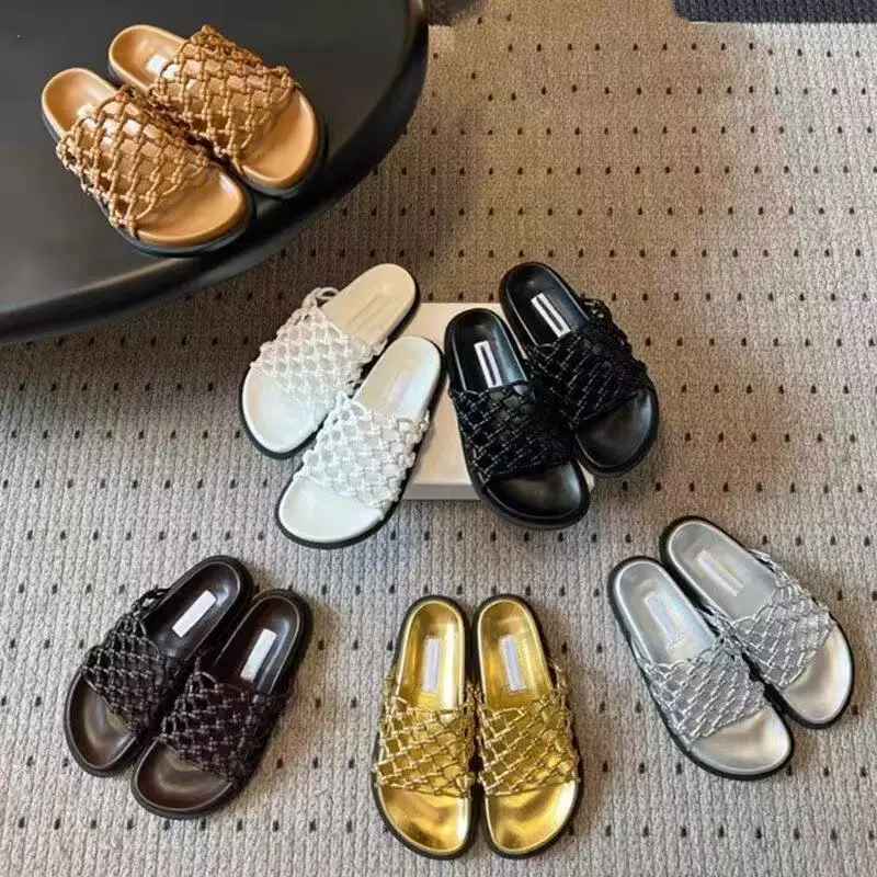 

Knitted Hollow Out Straight Line Cool Mop 2025 Summer New Style For External Wear, Thick Soled Mesh Leather flat Bottom Slippers