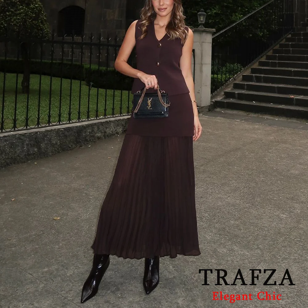 TRAFZA Vintage Midi Skirt Vest Set Women's Button Knit Vest+Pleated Patchwork Skirt Fashion 2025 Spring Autumn Holiday Set