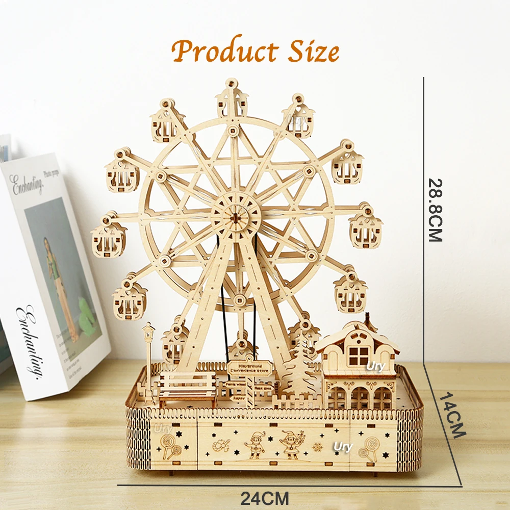 3D Wooden Puzzles Led Rotatable Ferris Wheel Music Octave Box Model Mechanical Kit Assembly Decor DIY Toy Gift for Kid Adult