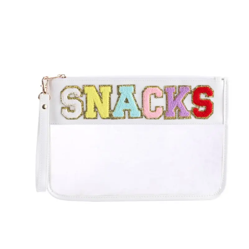 Dropshipping Clear Chenille Varsity Letter Zipper Pouch Travel Snacks Bag Storage Organizer Pouches for Women with Letters