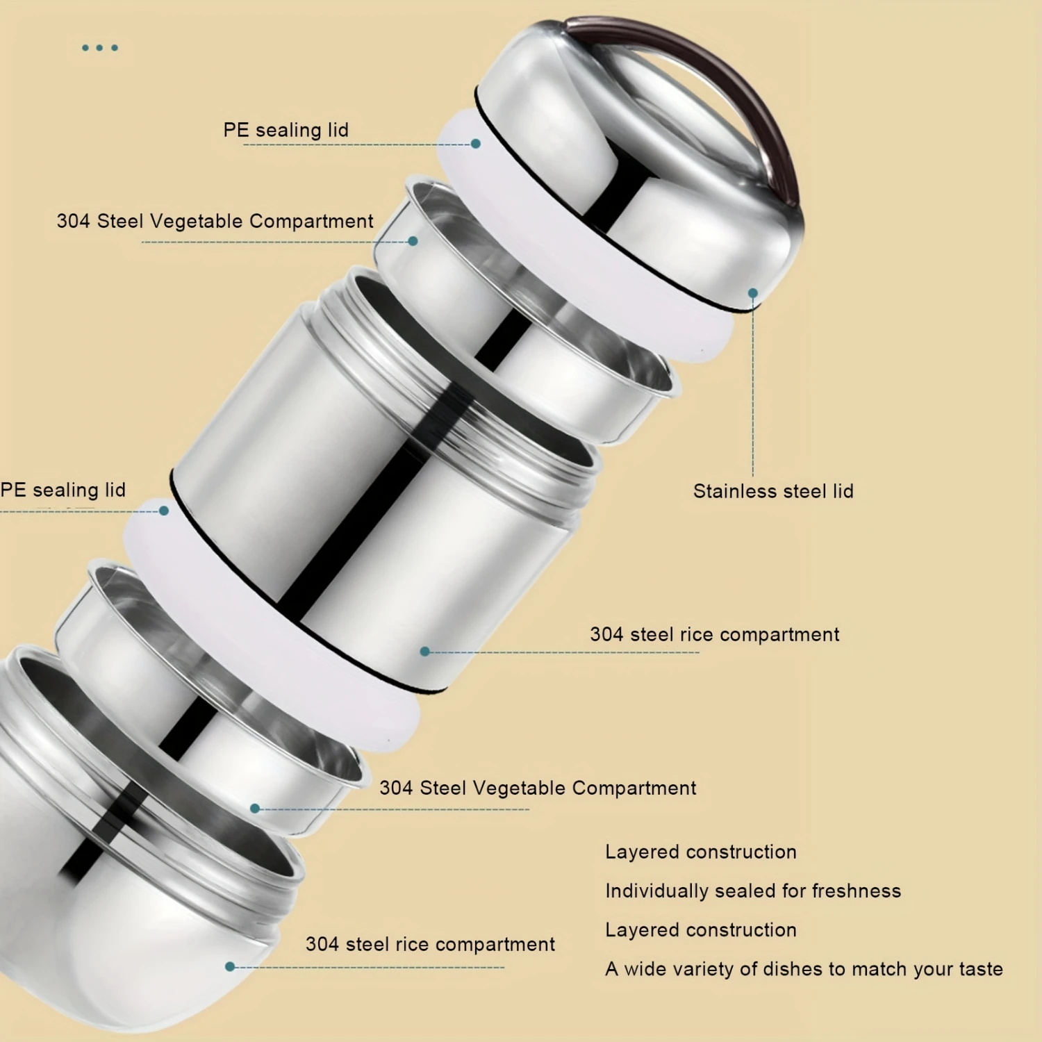 Insulation Bento Lunch Box 4 Layer Stackable Compartment Stainless Steel Lunch Container for Outdoor Travel