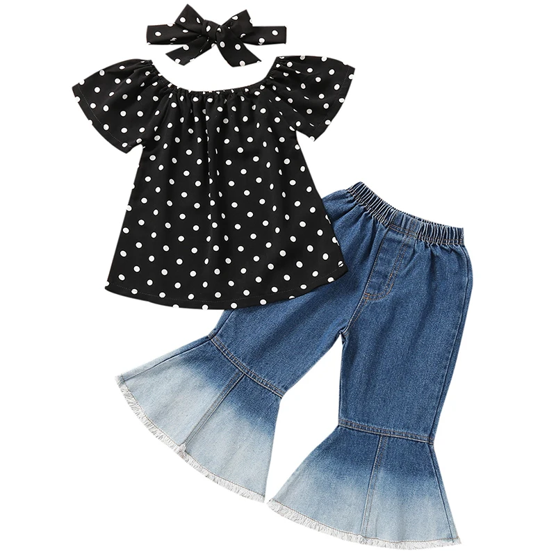 

Summer Kids Clothes Girls Boutique Clothes Korean Cute Dot Short Sleeve Tops+Flare Jeans+Headband Baby Luxury Clothing Set BC026