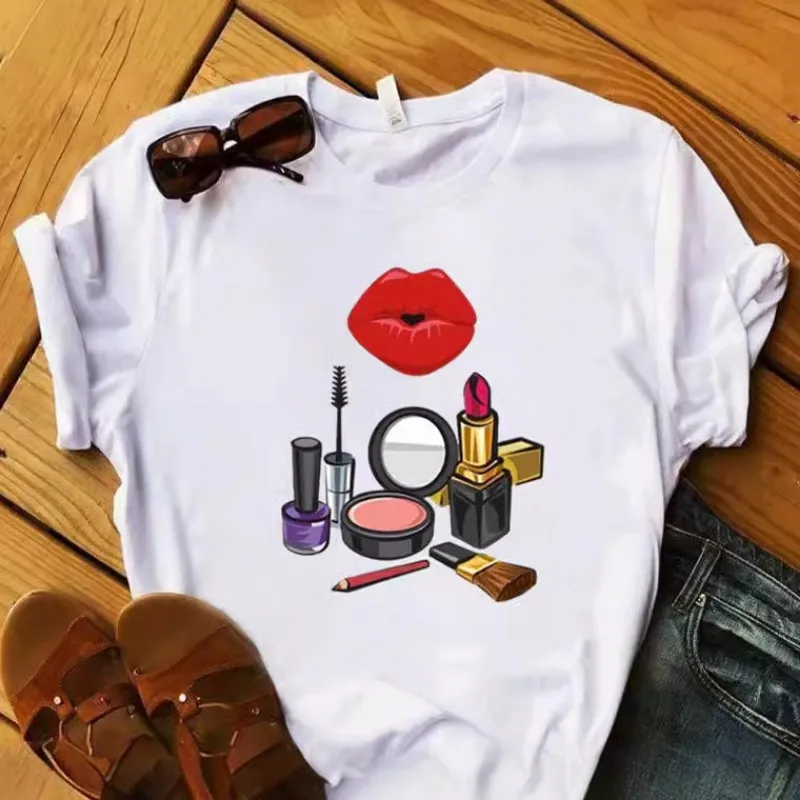 Explosive European and American Nail Polish Simple Women's Casual Cute Large Size Short-sleeved T-shirt Women Clothes Tops