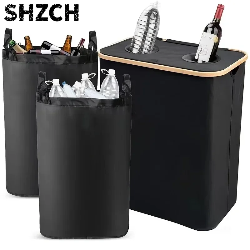 140L Large Capacity Kitchen Storage Basket Upgraded Dual Throw Bottle Mouth Folding Recycling Box with Lid for Home Organization